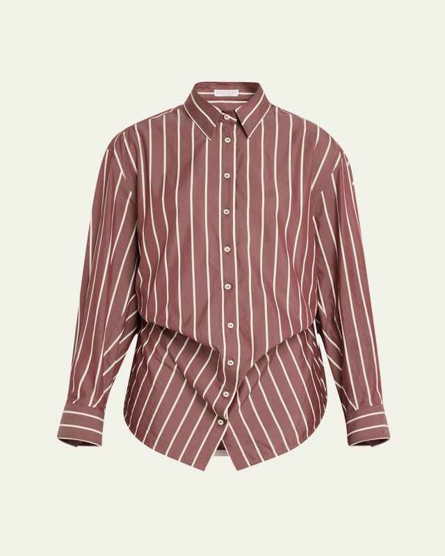 Striped Cotton-Silk Button Down Shirt With Monili Tri